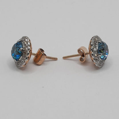 Antique 5ct Electric Blue Zircon and Diamond Cluster Stud Earrings