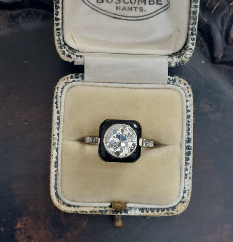 Vintage Art Deco Onyx and 2 Carat Old Cut Diamond Target Ring