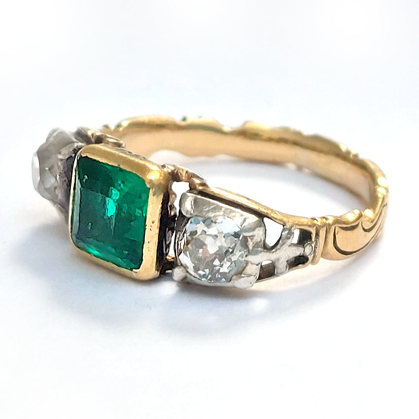 Antique Georgian Colombian Emerald and Diamond Three Stone Engagement Ring