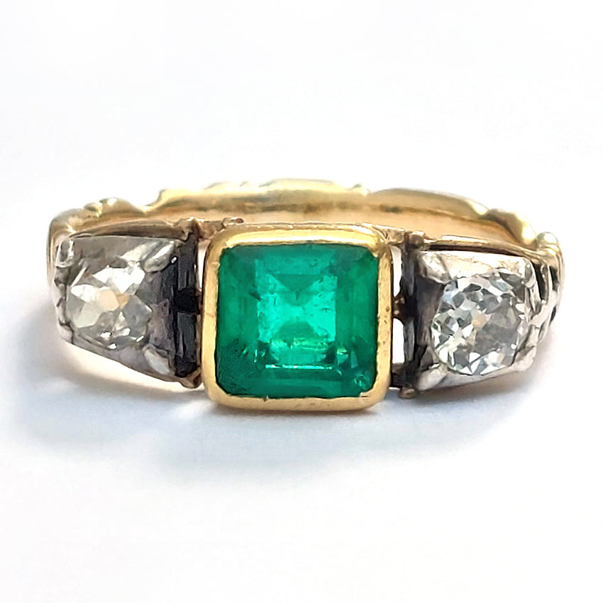 Antique Georgian Colombian Emerald and Diamond Three Stone Engagement Ring