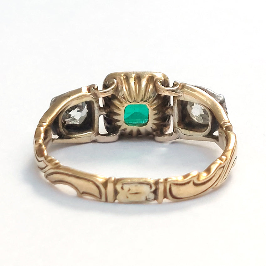 Antique Georgian Colombian Emerald and Diamond Three Stone Engagement Ring