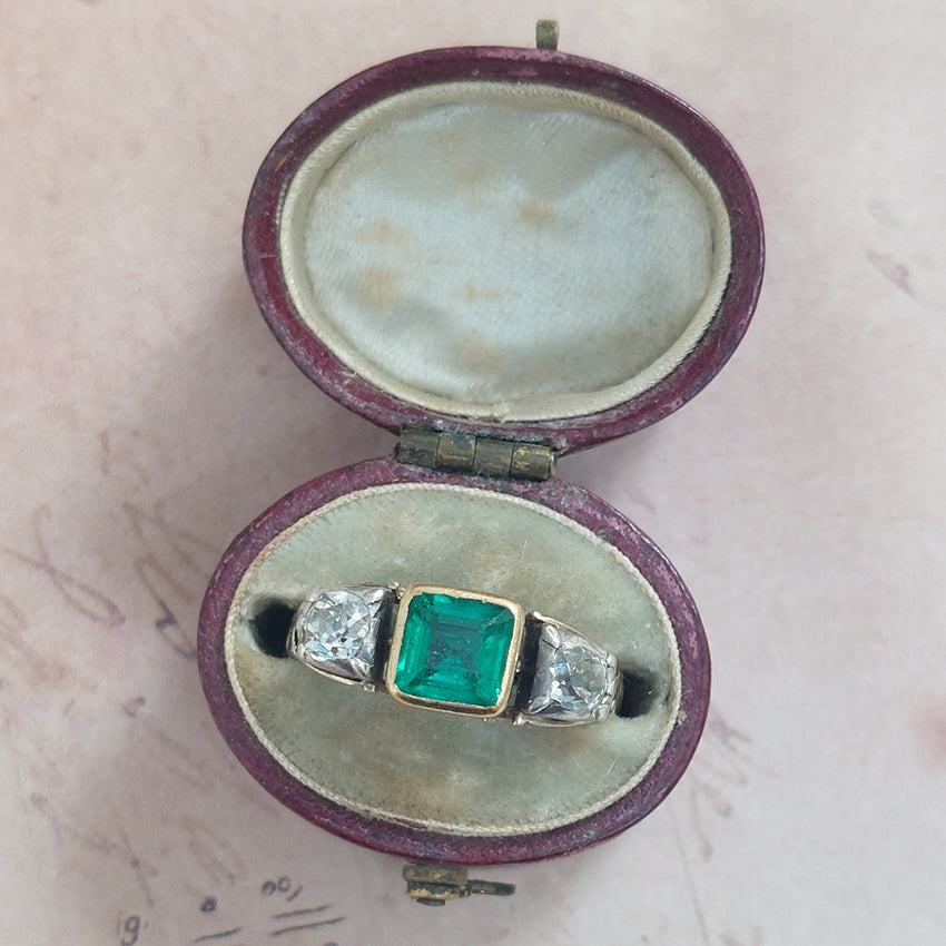 Antique Georgian Colombian Emerald and Diamond Three Stone Engagement Ring