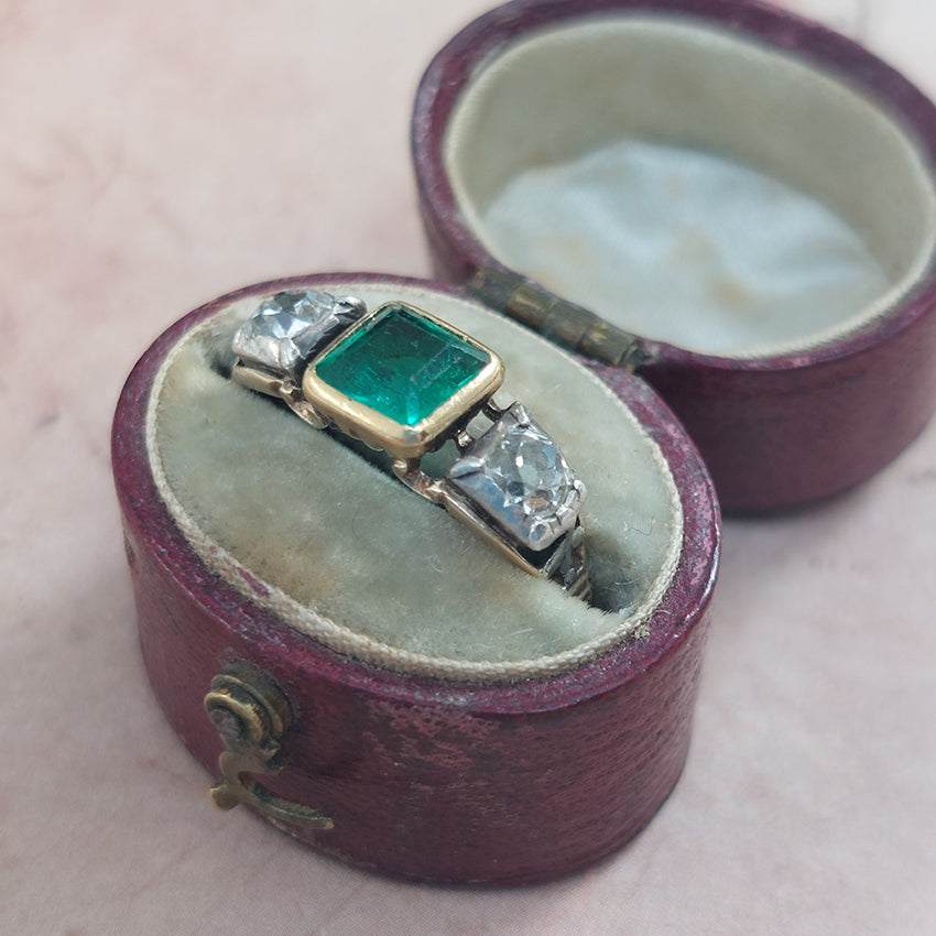 Antique Georgian Colombian Emerald and Diamond Trilogy Engagement Ring