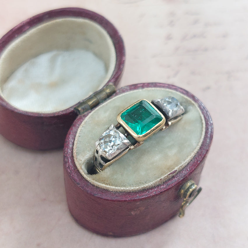 Antique Georgian Colombian Emerald and Diamond Trilogy Engagement Ring