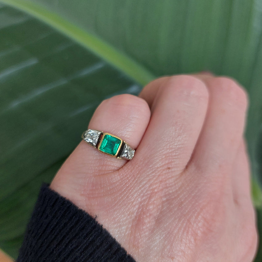 Antique Georgian Colombian Emerald and Diamond Three Stone Engagement Ring
