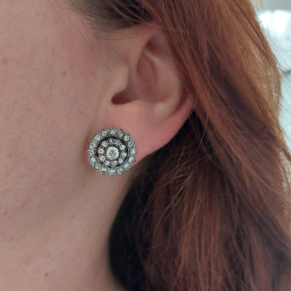 Antique Early Victorian Old Cut Diamond Coronet Cluster Earrings 2.28cts