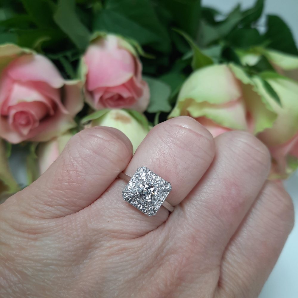 Art Deco Style Old Cut Diamond Cluster Ring in Platinum