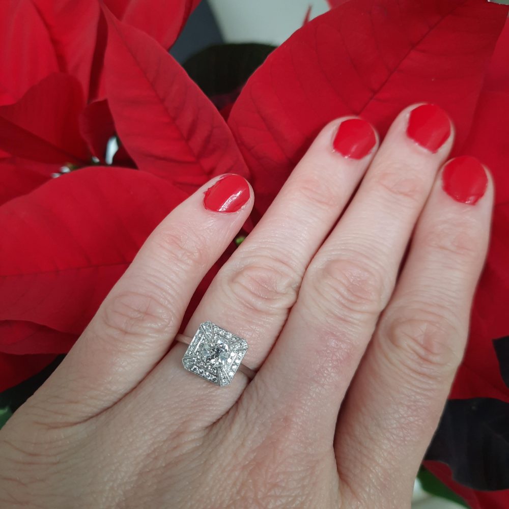 Art Deco Style Old Cut Diamond Cluster Ring in Platinum