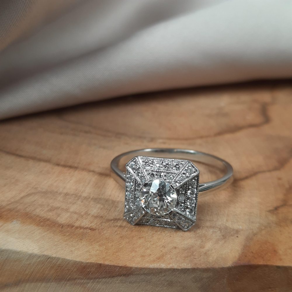 Art Deco Style Old Cut Diamond Cluster Ring in Platinum