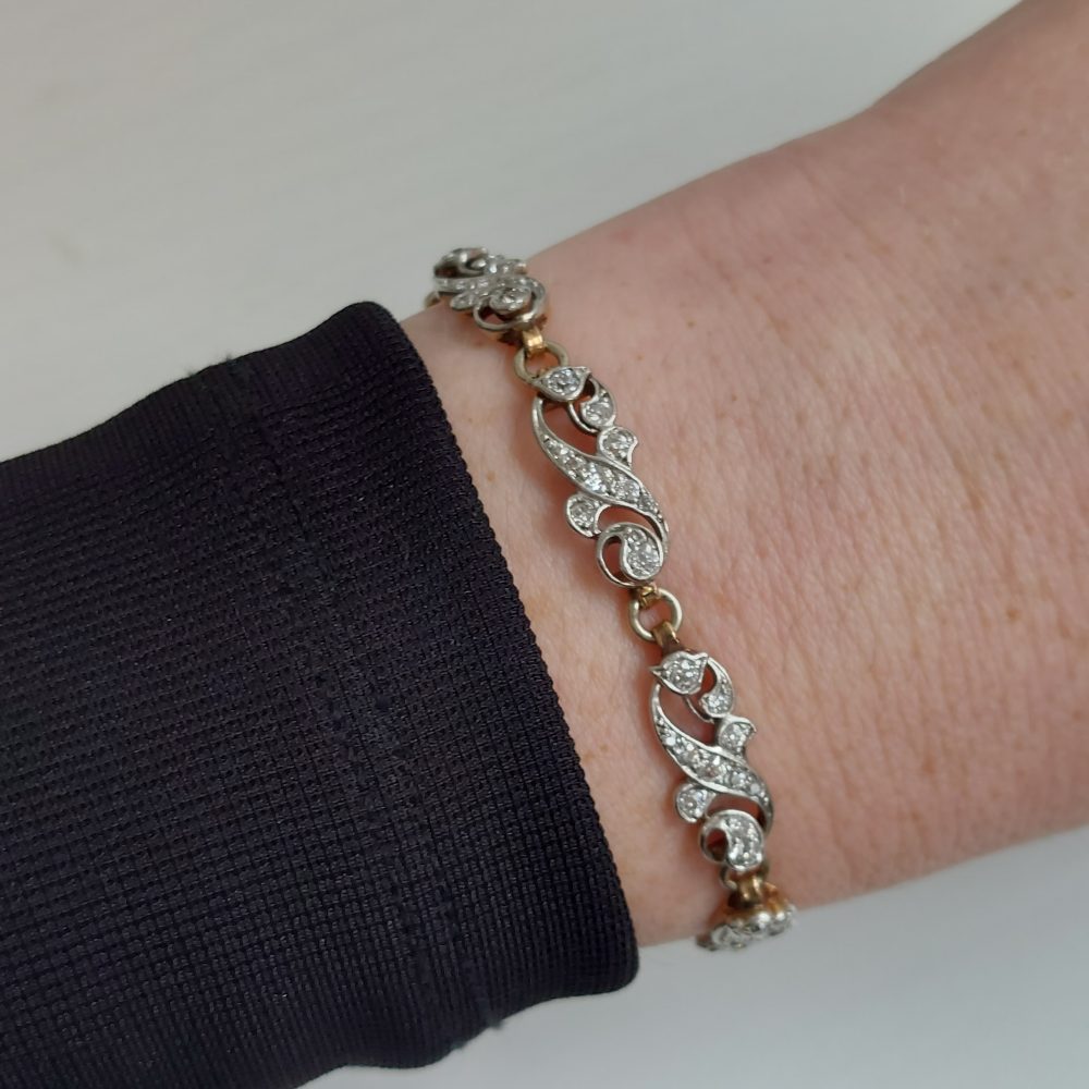 Antique Victorian Scrolled Diamond Bracelet in Silver on Gold