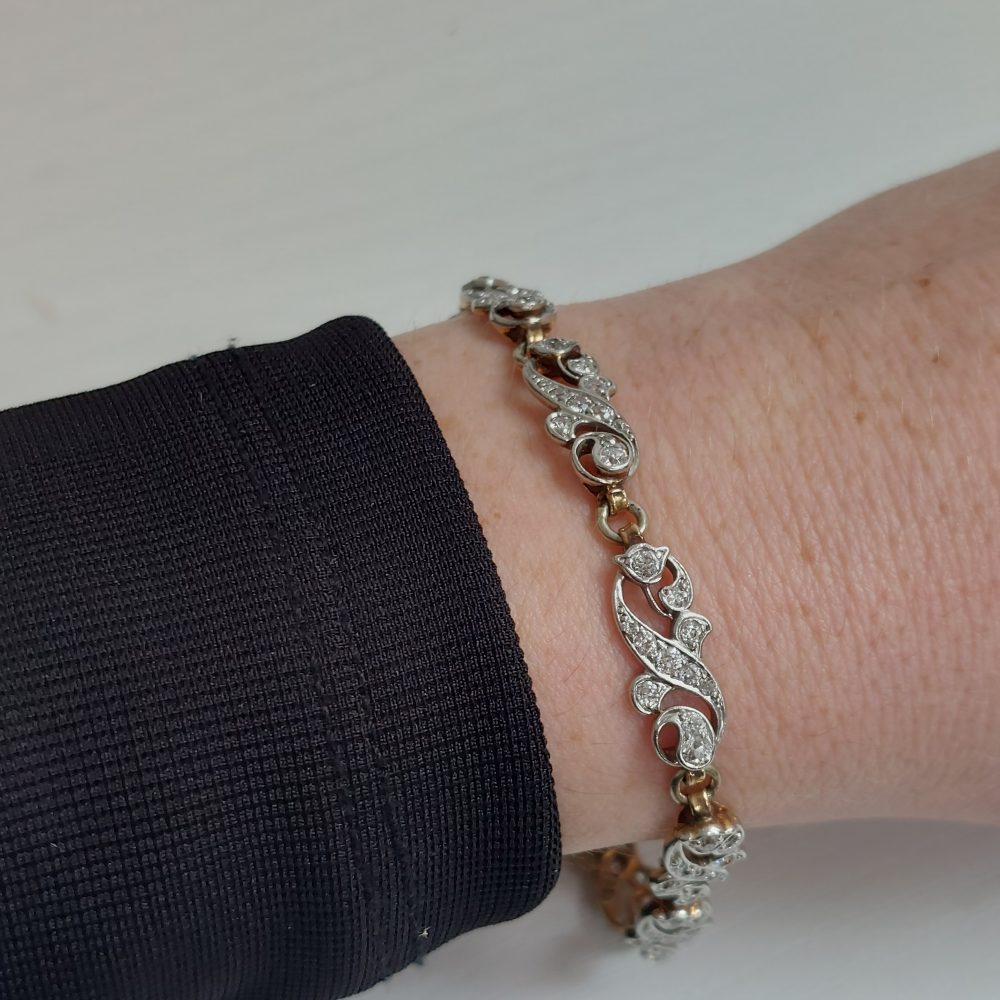 Antique Victorian Scrolled Diamond Bracelet in Silver on Gold