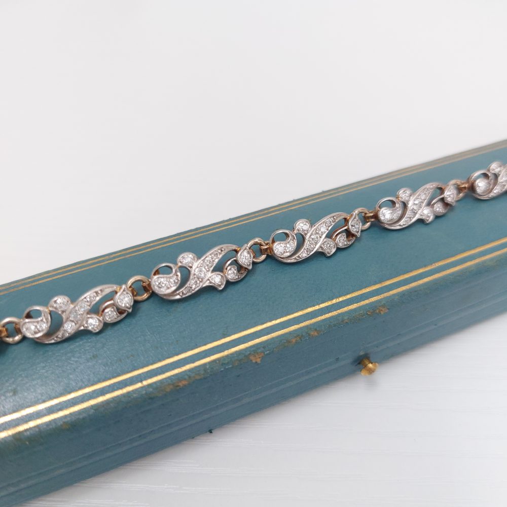 Antique Victorian Scrolled Diamond Bracelet in Silver on Gold