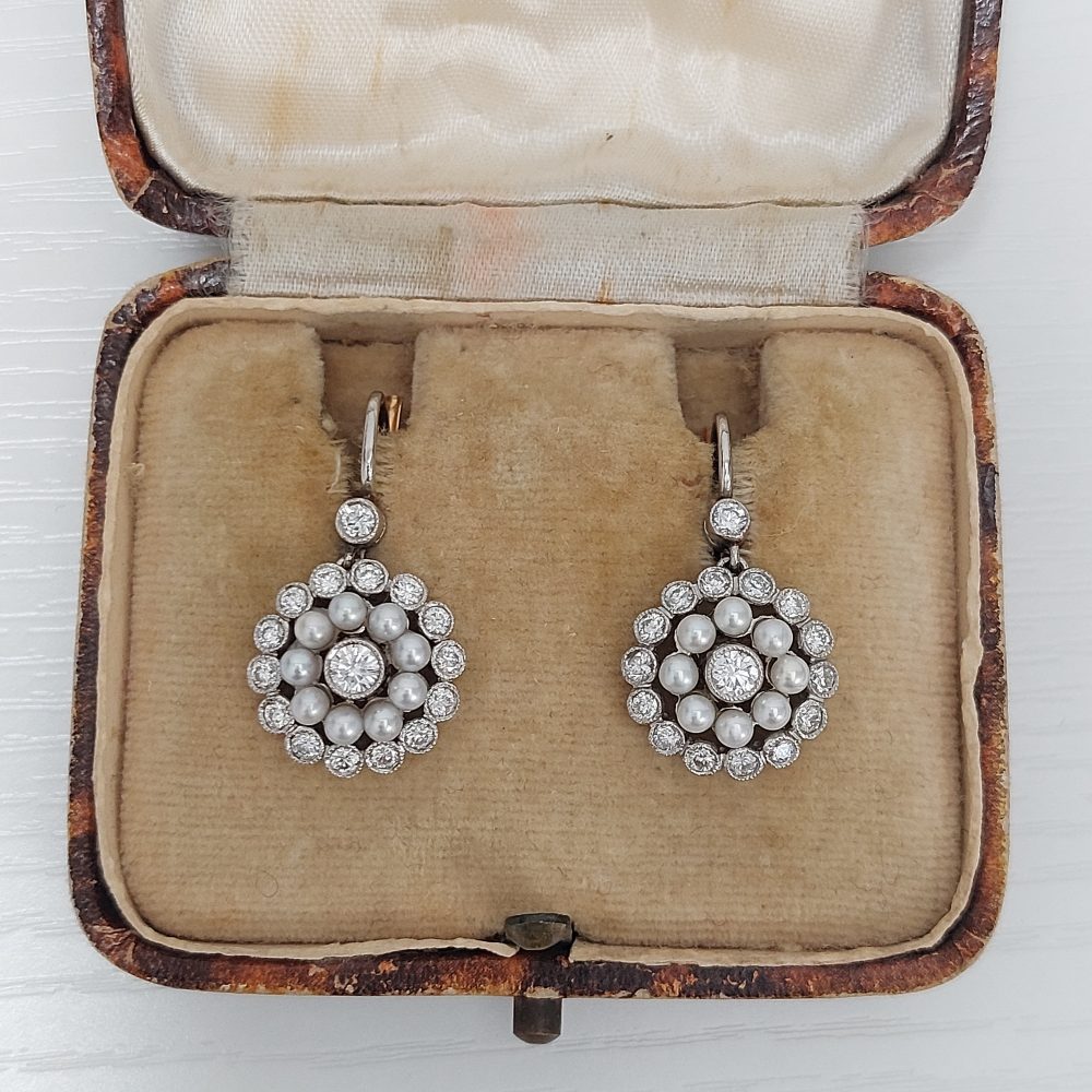 Pearl and Diamond Cluster Drop Earrings