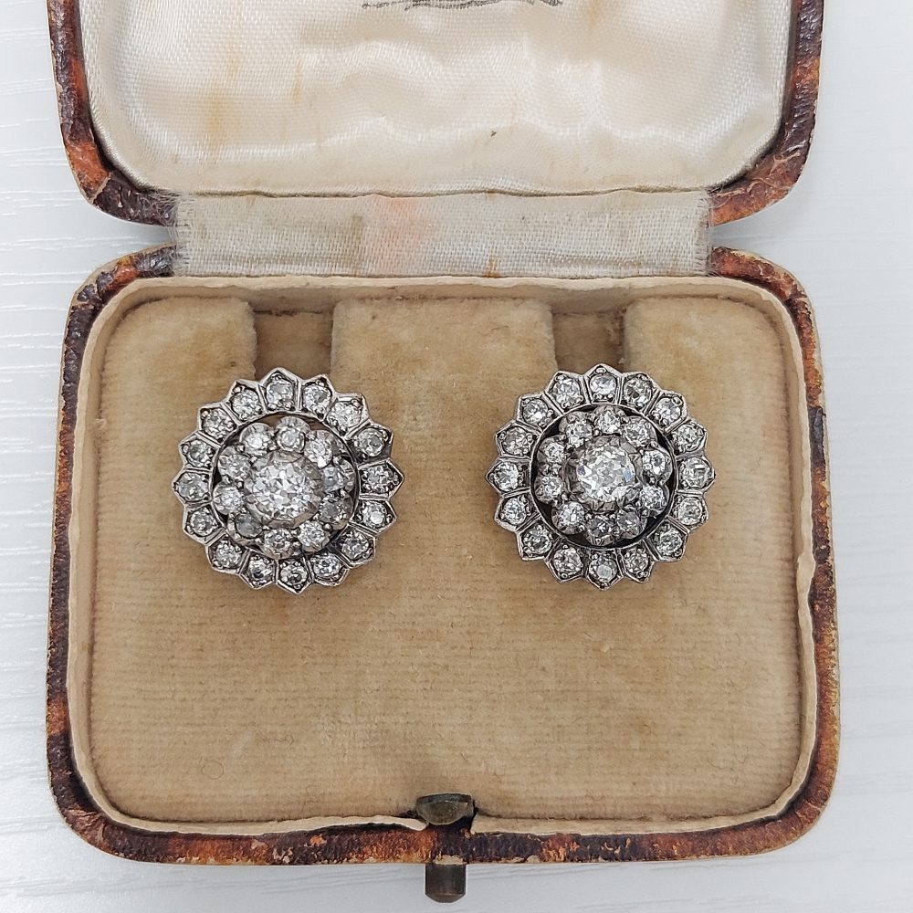 Antique Early Victorian Old Cut Diamond Coronet Cluster Earrings 2.28cts