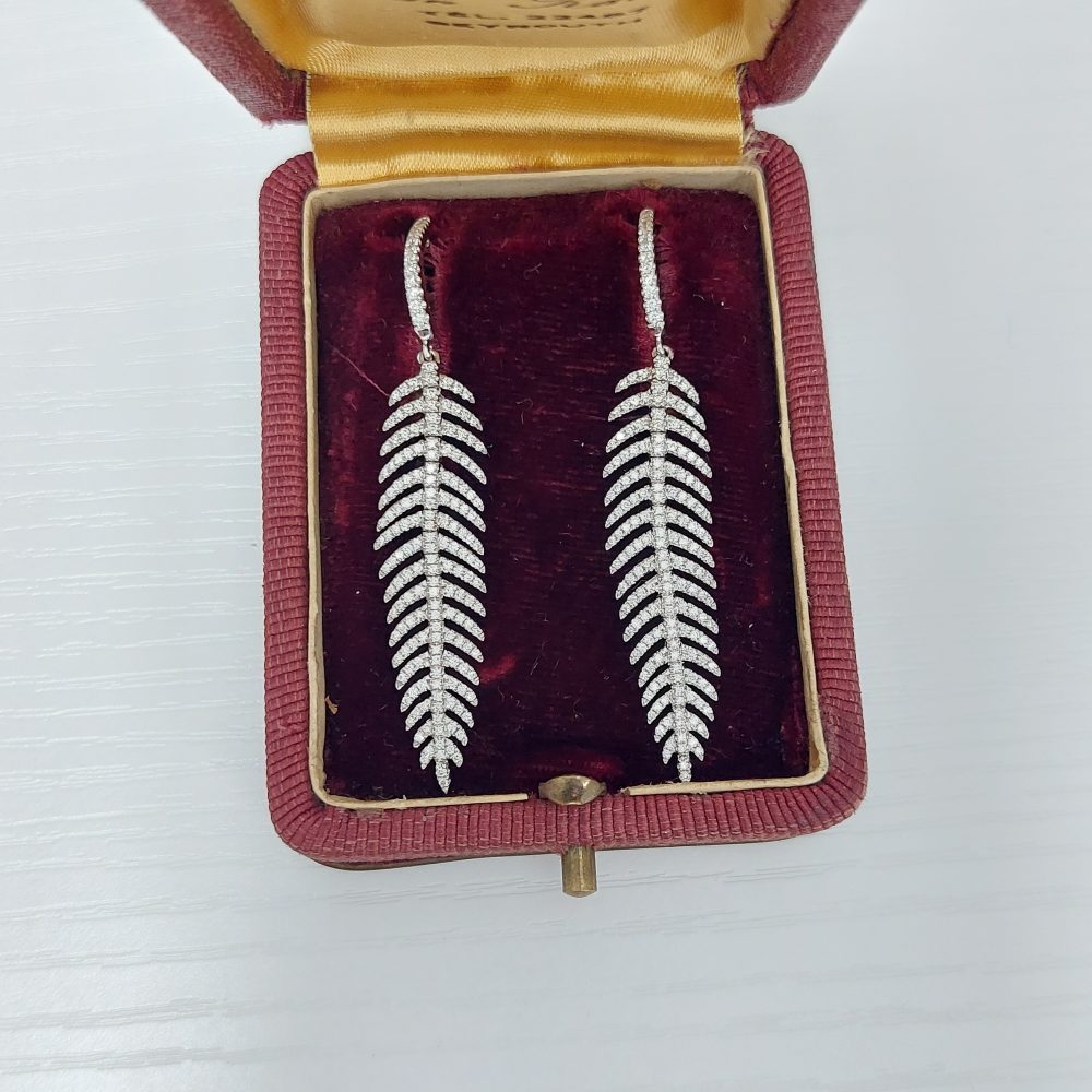 Articulated Feather Diamond Drop Earrings in White Gold