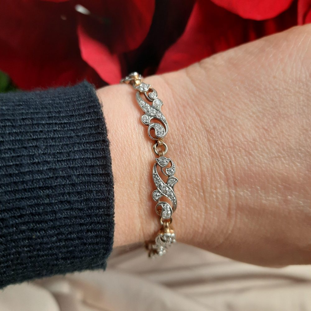 Antique Victorian Scrolled Diamond Bracelet in Silver on Gold