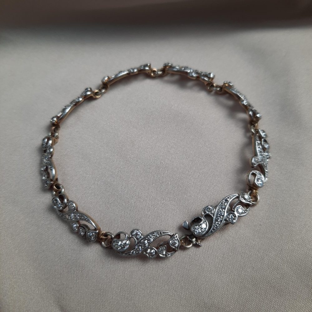 Antique Victorian Scrolled Diamond Bracelet in Silver on Gold