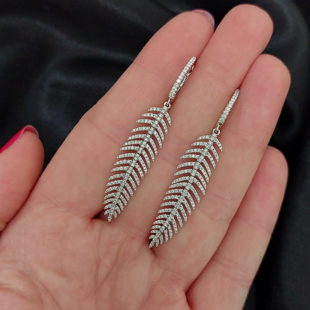 Articulated Feather Diamond Drop Earrings in White Gold