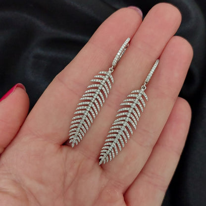 Articulated Feather Diamond Drop Earrings in White Gold