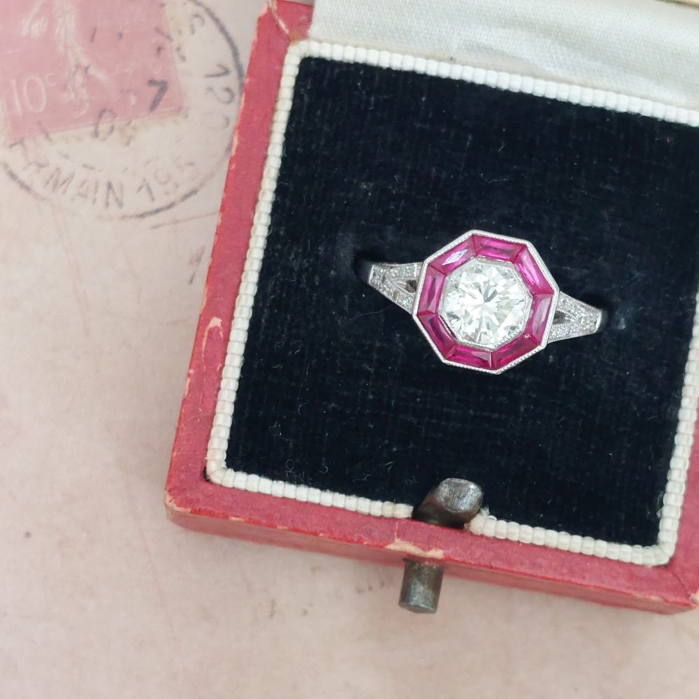 Art Deco Style 0.60ct Diamond and Ruby Target Cluster Ring