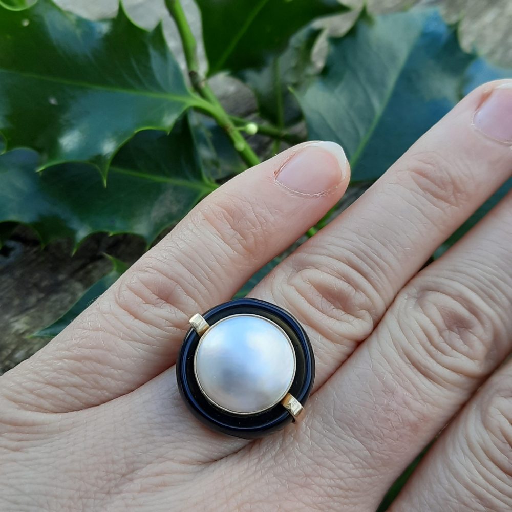 Vintage Mabe Pearl and Onyx Cocktail Ring