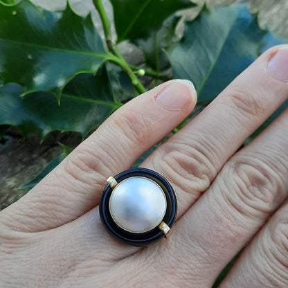 Vintage Mabe Pearl and Onyx Cocktail Ring