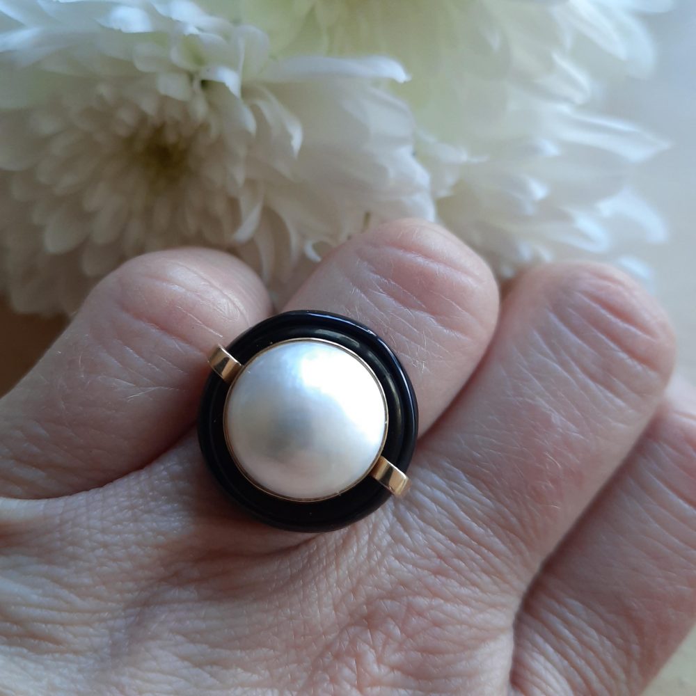 Vintage Mabe Pearl and Onyx Cocktail Ring