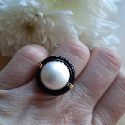 Vintage Mabe Pearl and Onyx Cocktail Ring