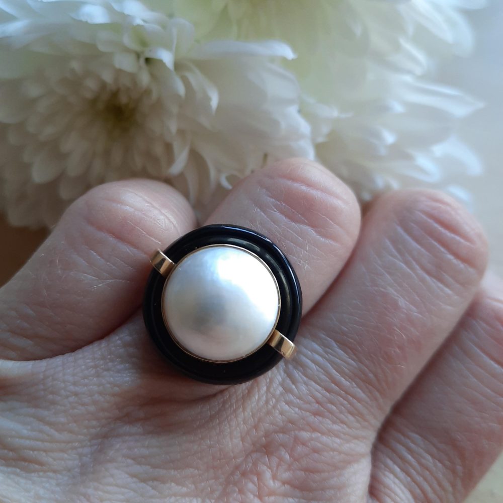 Vintage Mabe Pearl and Onyx Cocktail Ring