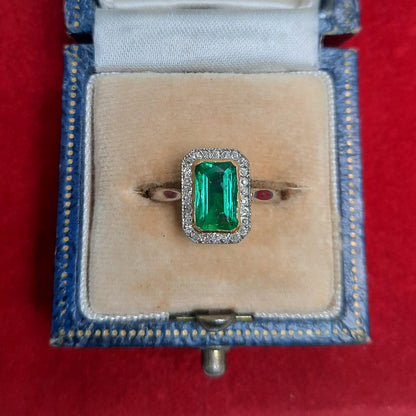 Art Deco 1ct Colombian Emerald and Diamond Halo Cluster Ring