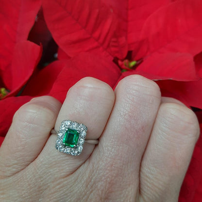Vintage Colombian Emerald and Diamond Cluster Engagement Ring