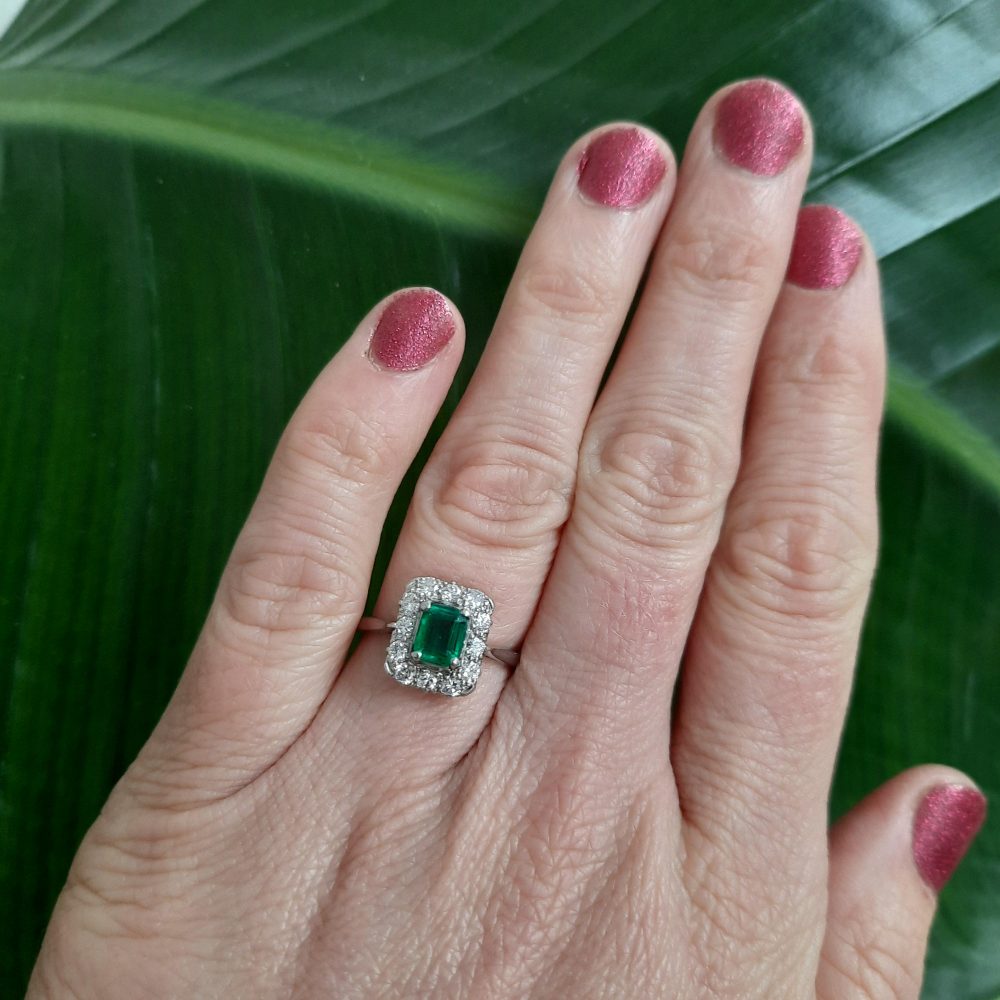 Vintage 0.56ct Colombian Emerald and Diamond Cluster Ring in Platinum