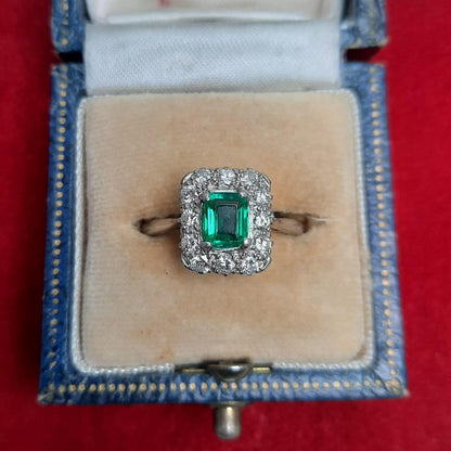 Vintage Colombian Emerald and Diamond Cluster Engagement Ring