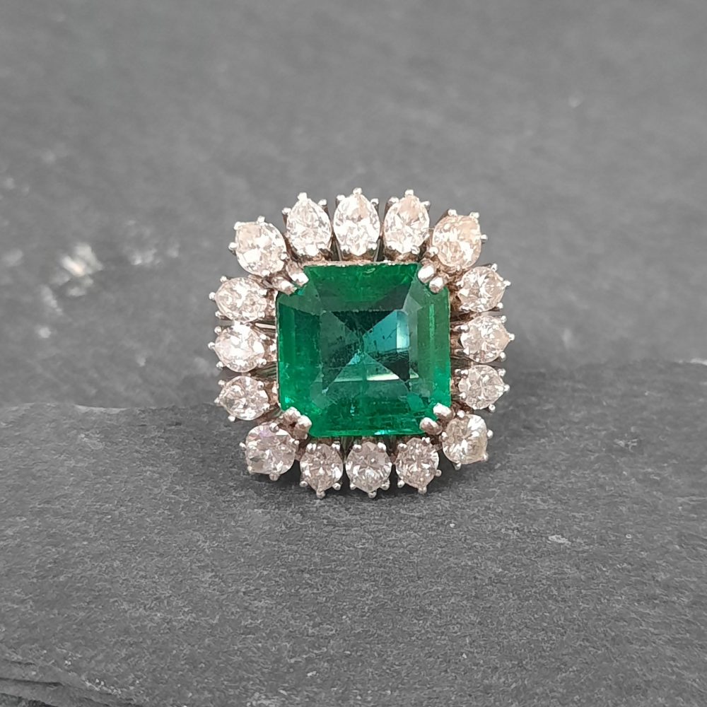 4.44ct Zambian Emerald and 2ct Marquise Diamond Cocktail Ring