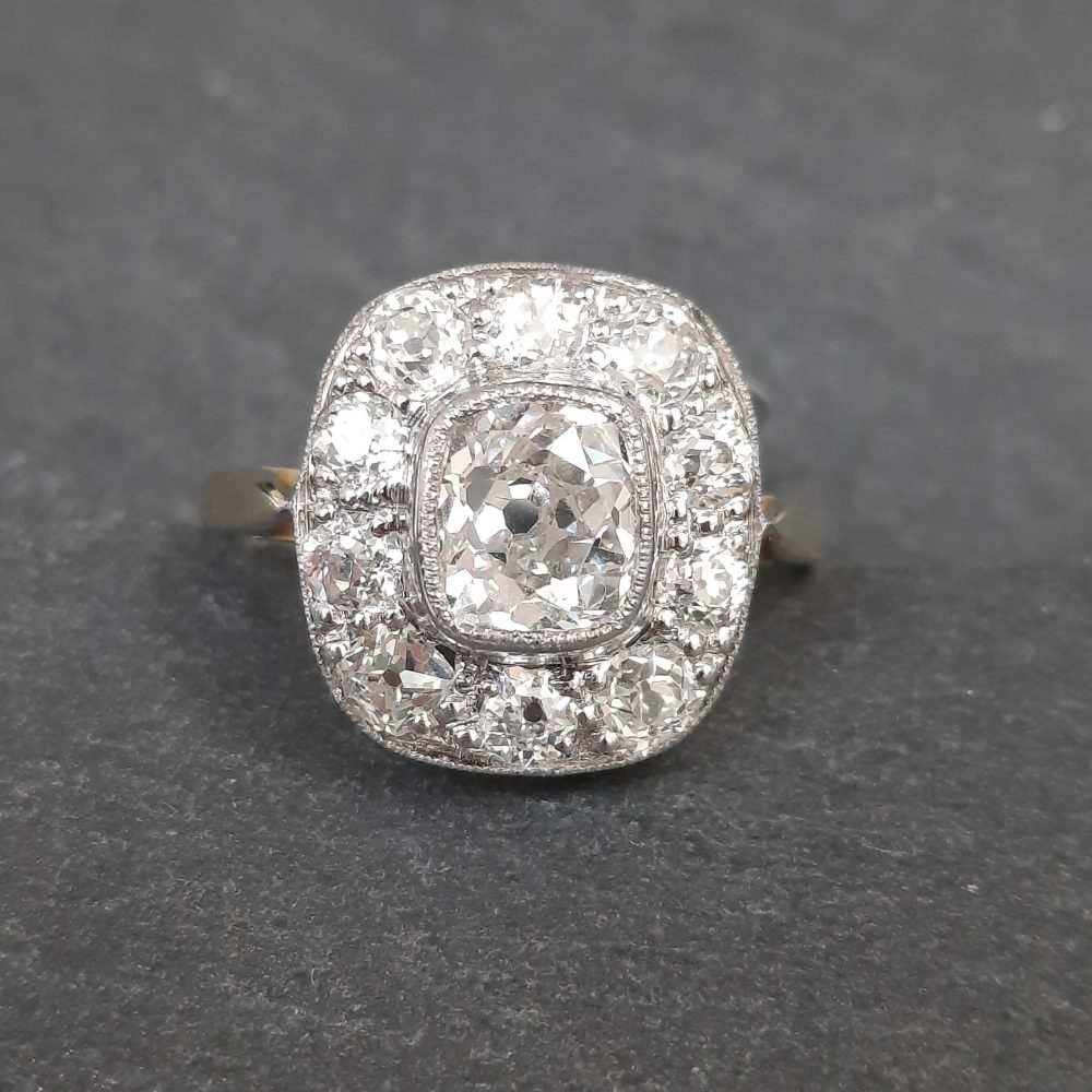 Antique 1ct Cushion Cut Diamond Cluster Engagement Ring 2 carat total