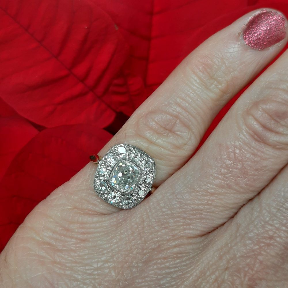 Antique 1ct Cushion Cut Diamond Cluster Engagement Ring 2 carat total