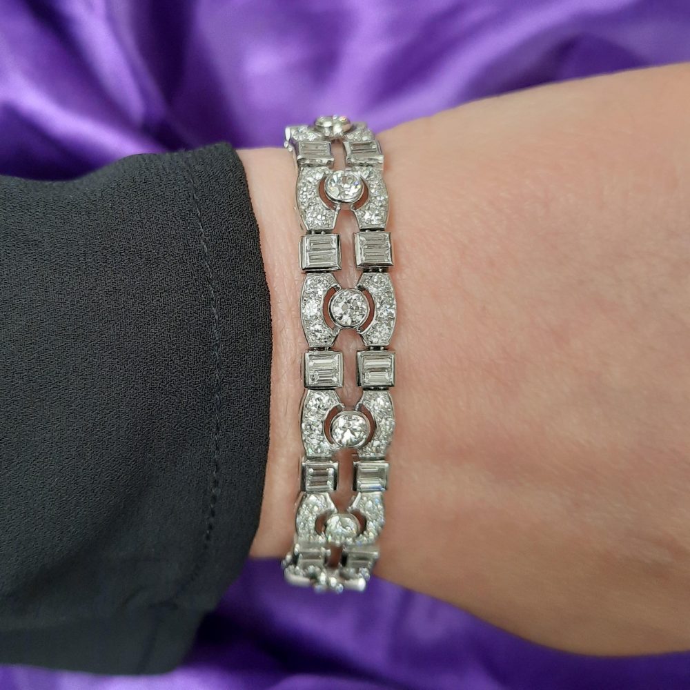 Antique Art Deco 12cts Diamond Bracelet in Platinum, old European transitional baguette cut
