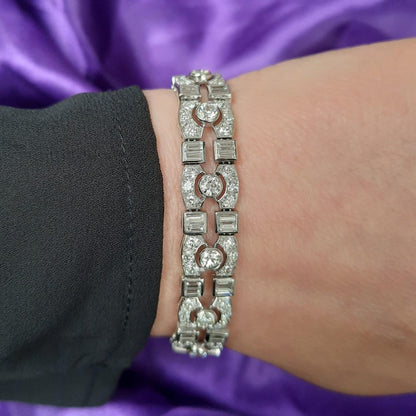 Antique Art Deco 12cts Diamond Bracelet in Platinum, old European transitional baguette cut