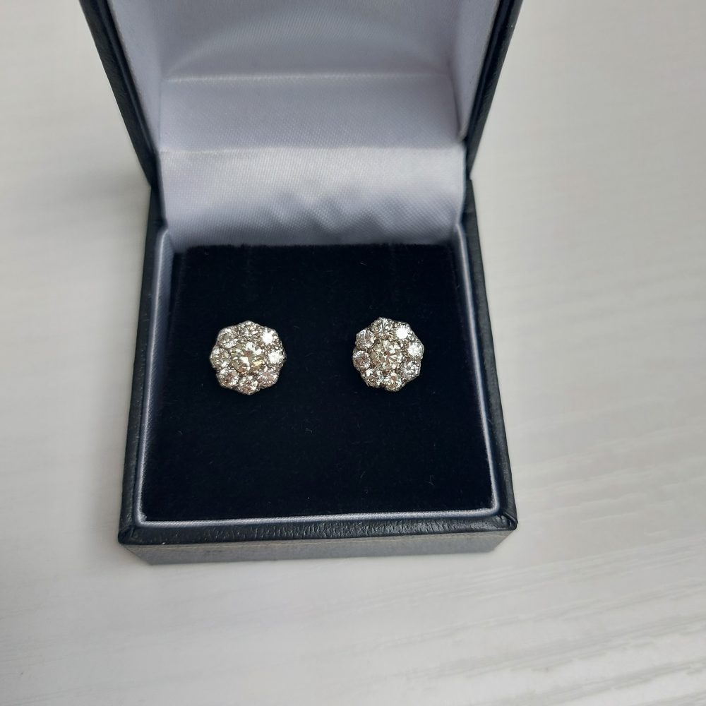 Vintage 1.20ct Old Cut Diamond Floral Cluster Stud Earrings