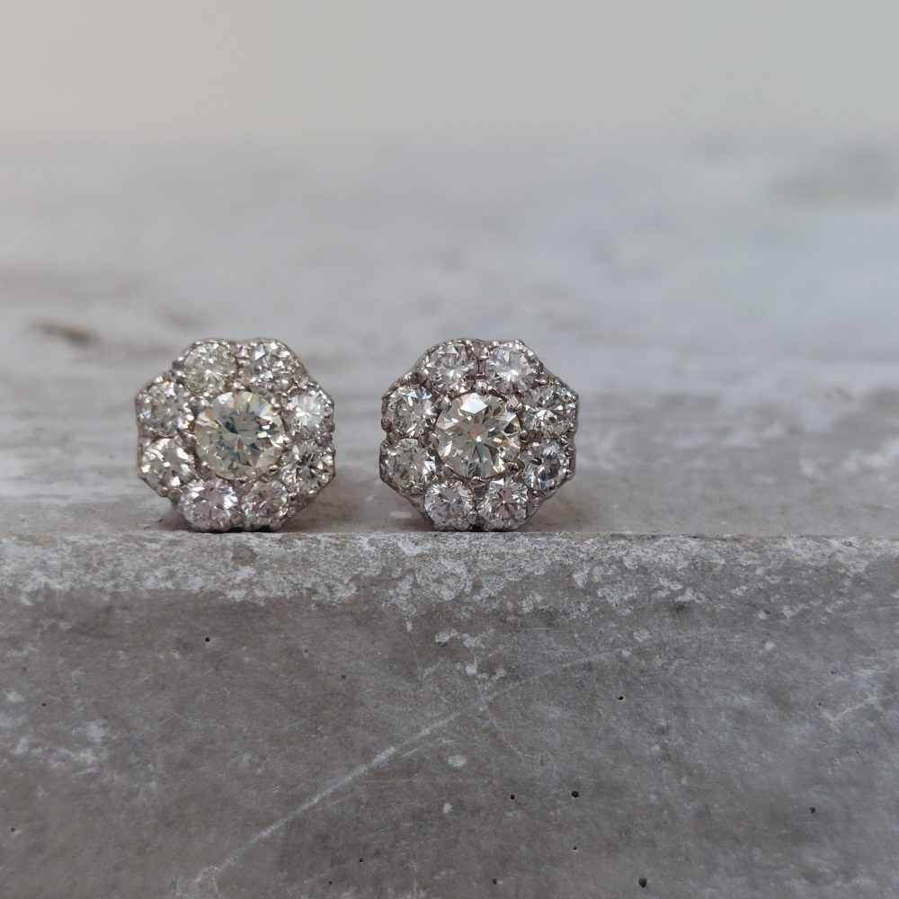 Vintage 1.20ct Old Cut Diamond Flower Cluster Stud Earrings