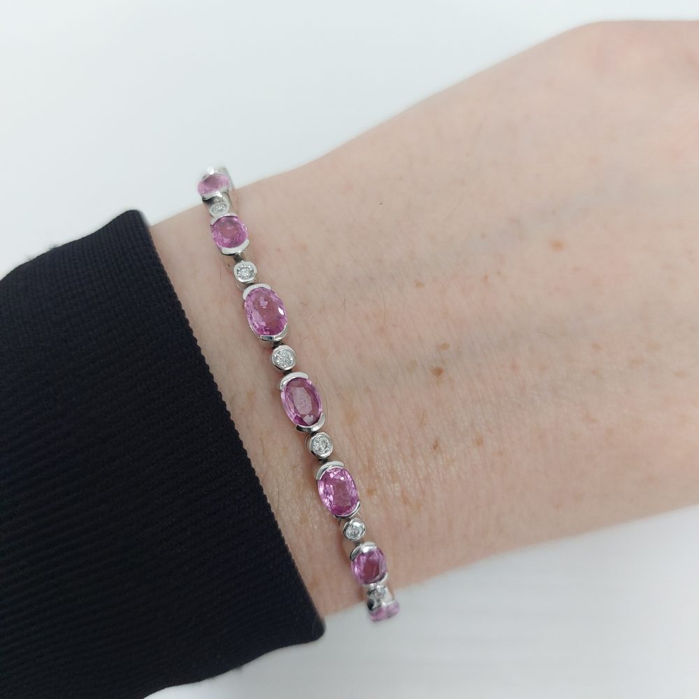 Pink sapphire and diamond line bracelet