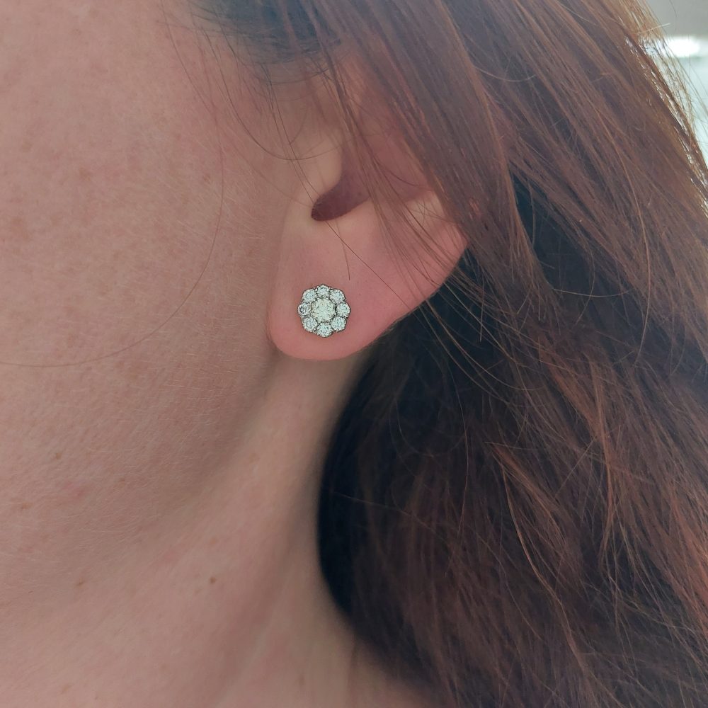 Vintage 1.20ct Old Cut Diamond Floral Cluster Stud Earrings