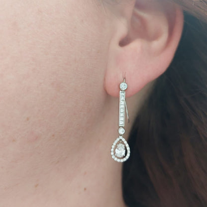 Vintage Diamond Long Drop Cluster Earrings, 1.85 carats