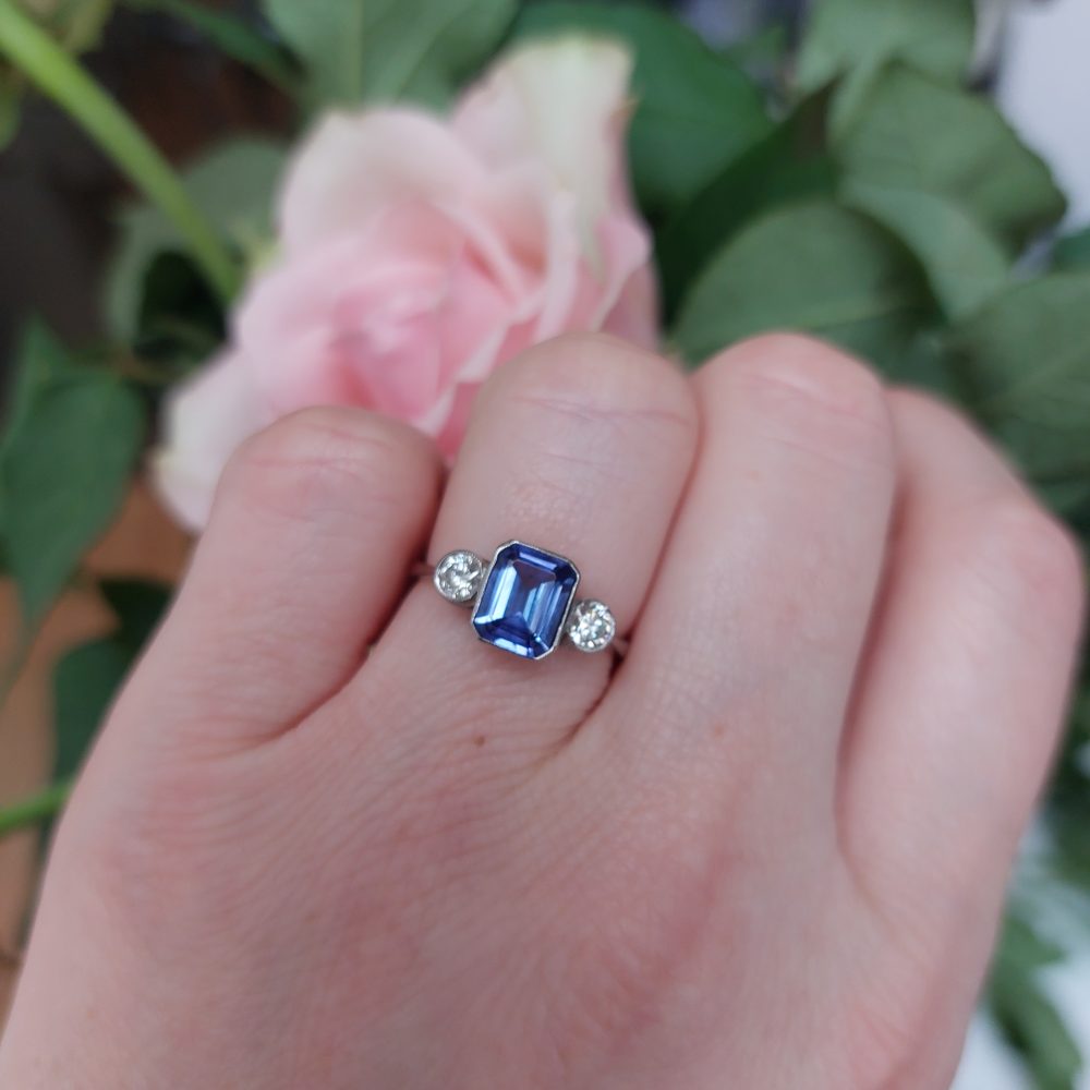 2.2ct Tanzanite and Diamond Three Stone Ring