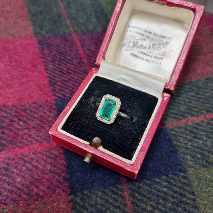 Art Deco 1ct Colombian Emerald and Diamond Plaque Cluster Ring