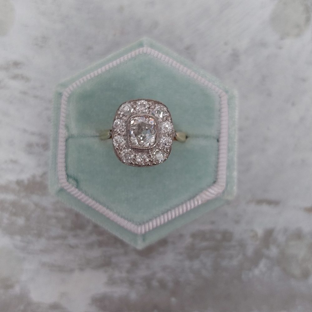 Antique 1ct Cushion Cut Diamond Cluster Engagement Ring 2 carat total