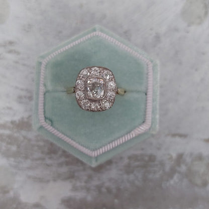 Antique 1ct Cushion Cut Diamond Cluster Engagement Ring 2 carat total