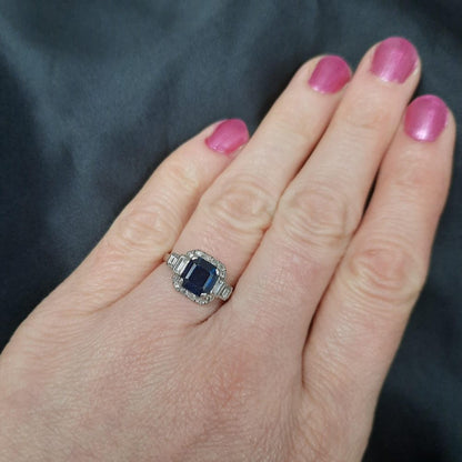 1.5ct Octagonal Sapphire Brilliant Baguette Diamond Ring Platinum