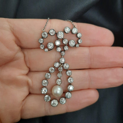 Antique 7ct Old Cut Diamond and Natural Pearl Pendant Necklace
