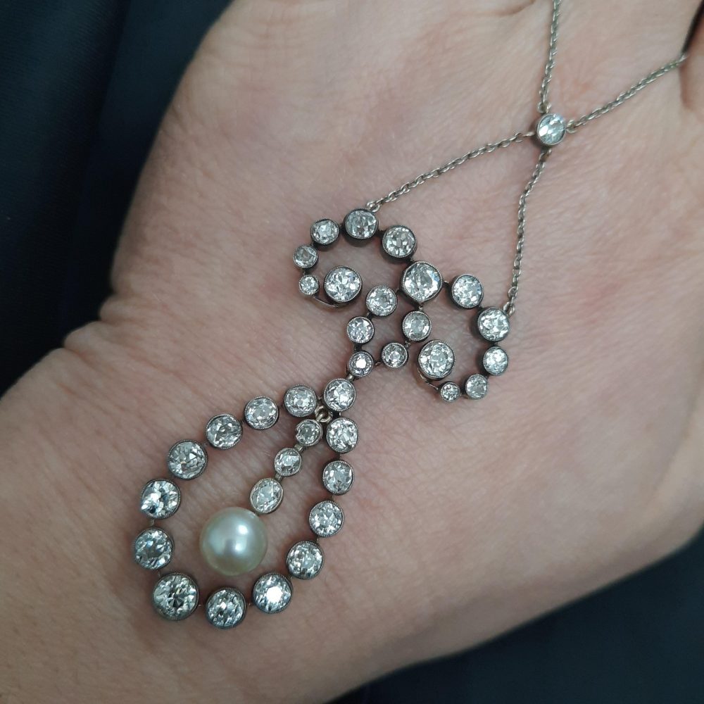 Antique 7ct Old Cut Diamond and Natural Pearl Pendant